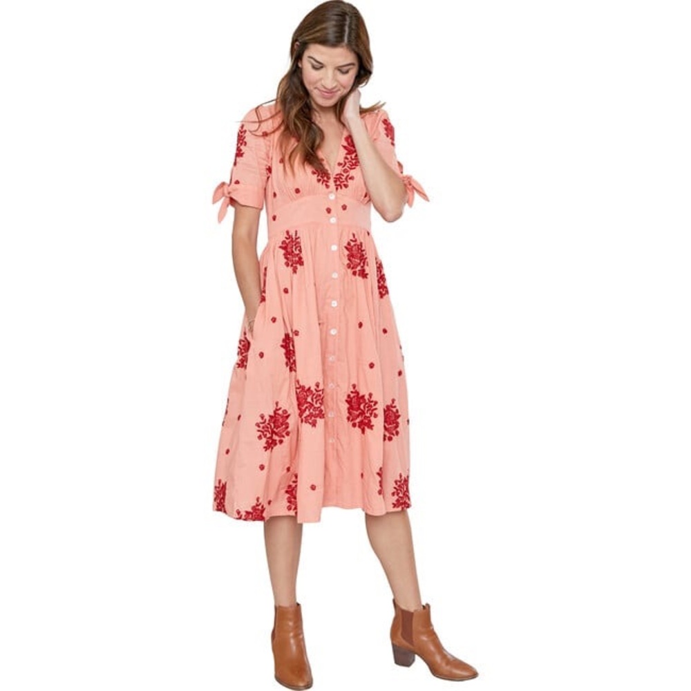 Pink Chicken‎ New York Women’s Coral Midi Dress Embroidery Floral Size M New